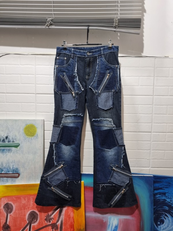 VINTAGE zipper detail denim boots-cut pants